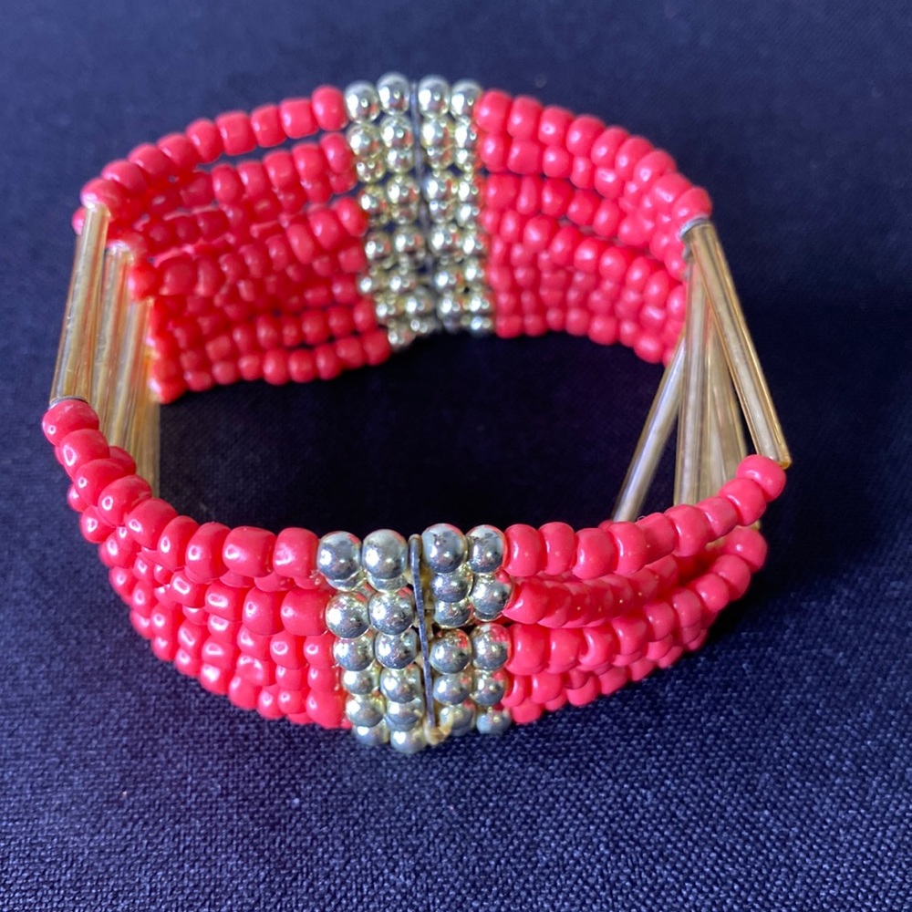 Orange & Silver Beaded Multi-Stranded Stretchy Bracelet